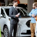 electric vehicle in car dealership, EV vehicle charging station, electric car sales, couple buying car