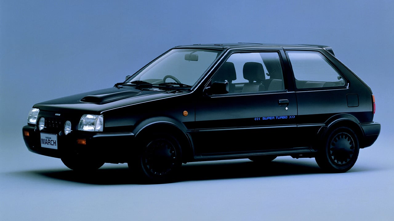 Nissan March Super Turbo, front 3/4 view, studio shot, black exterior