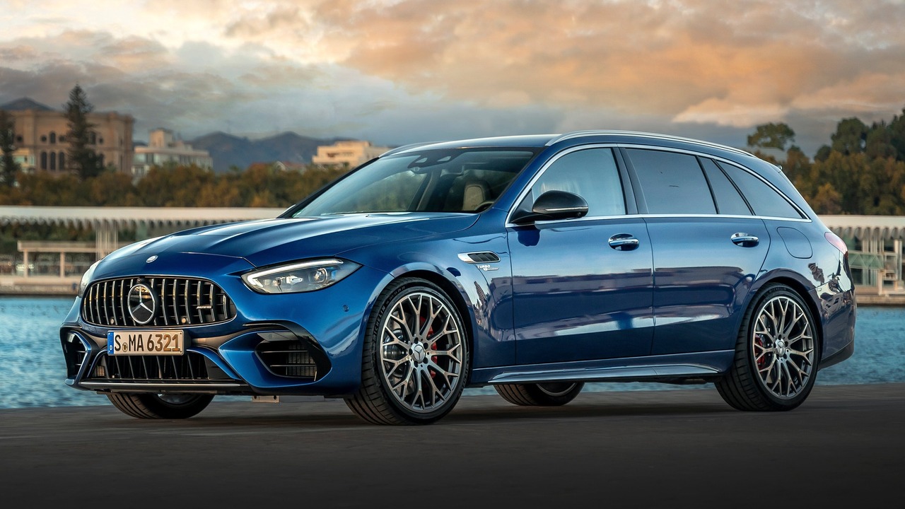 Blue 2025 Mercedes-AMG C63 S E Performance Estate Parked Front 3/4 View