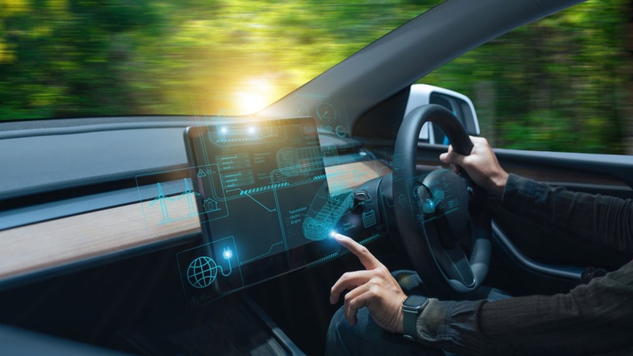 Electric car energy-saving security power charging system, multi-gesture interactive touch finger of driver concept, and smart car dashboard HUD screen display system selection. Futuristic. Future car.