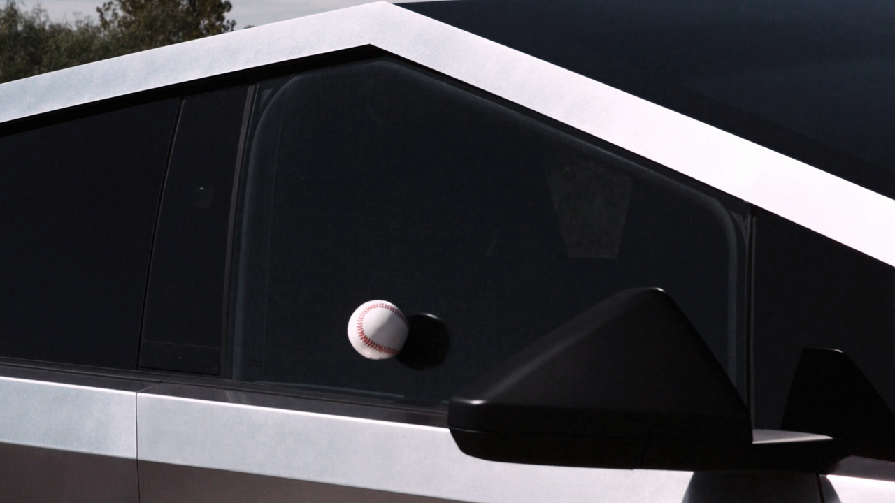 Close Up Of Baseball Hitting Tesla Cybertruck Bulletproof Window