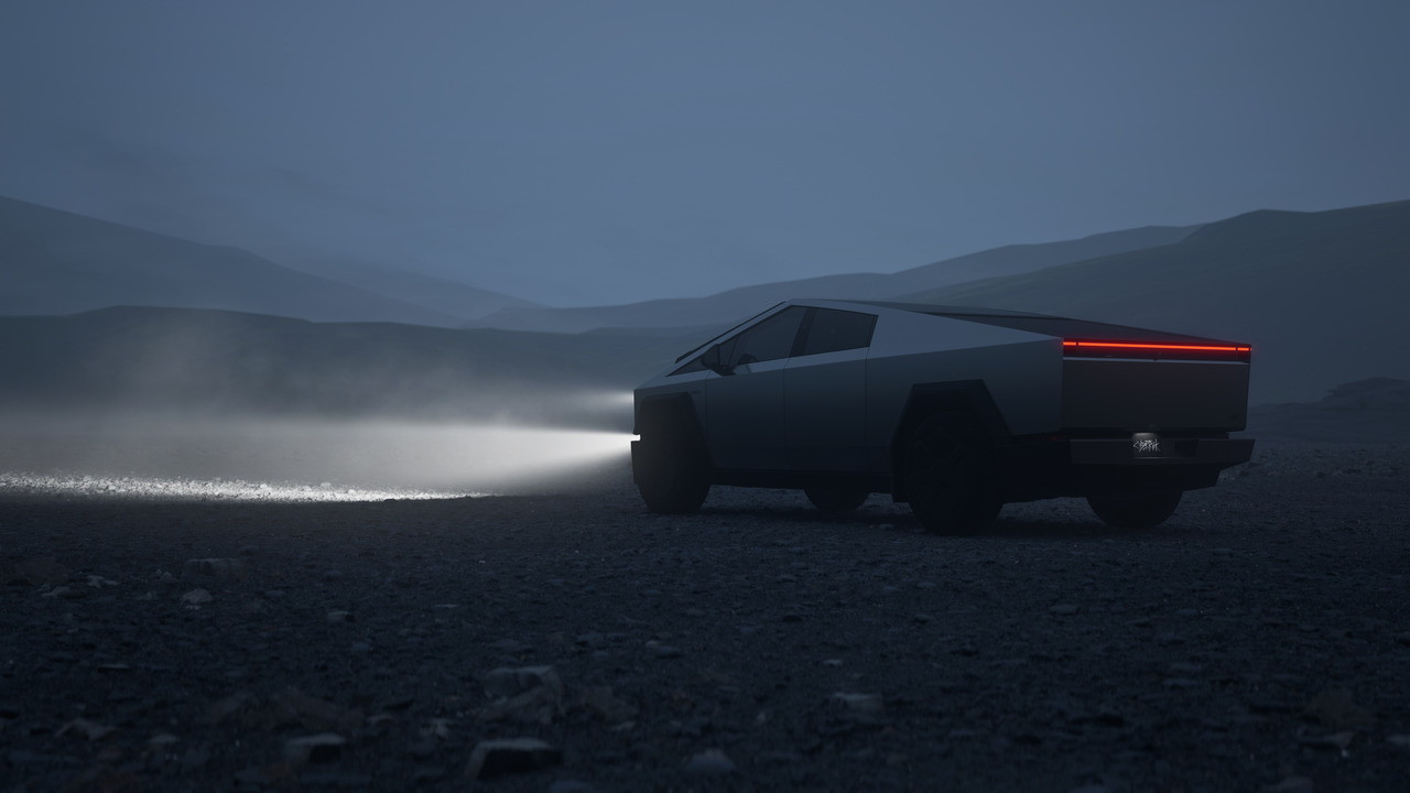 Tesla Cybertruck Parked On Gravel Rear 3/4 View