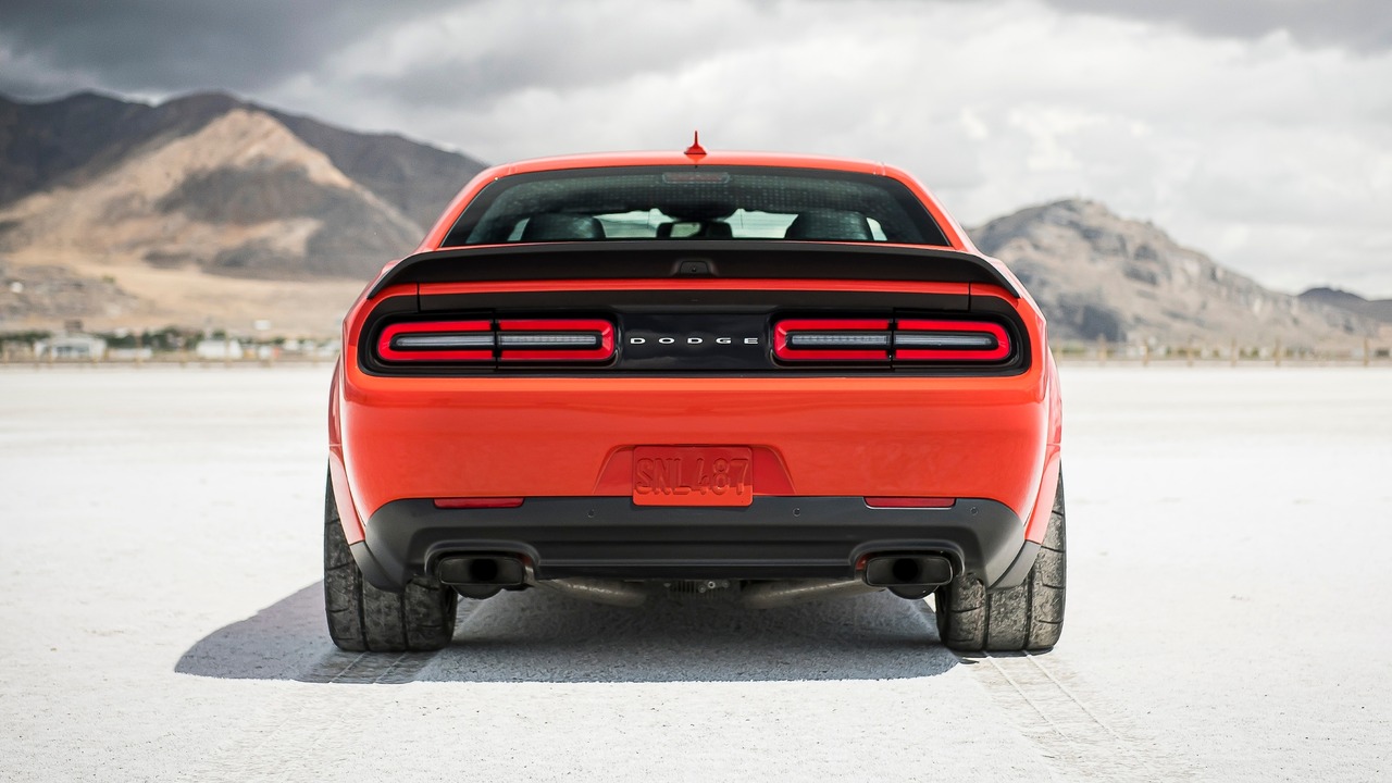 Orange 2020 Dodge Challenger SRT Super Stock Parked On Salt Flat Rear 3/4 View