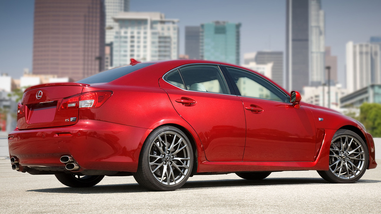 A facelift Lexus IS F in red, rear 3/4 view