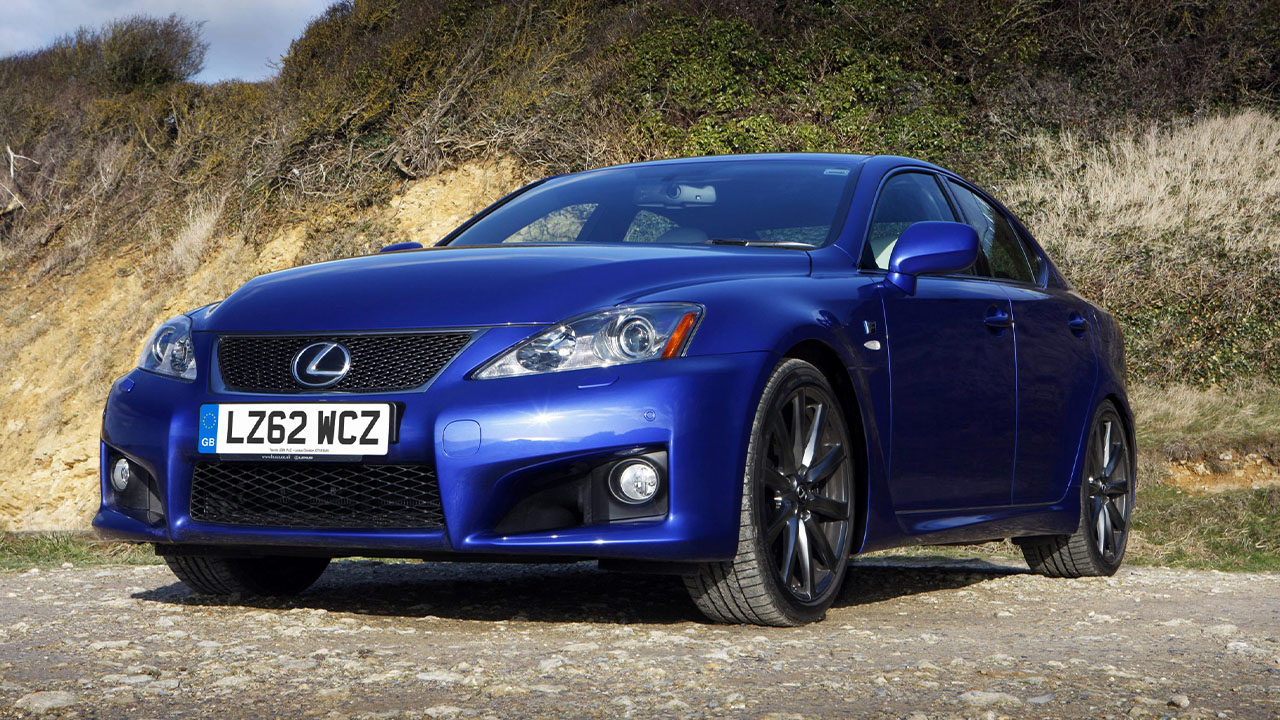 A Lexus IS F on UK plates in Ultrasonic Blue Mica, front 3/4 view, close up