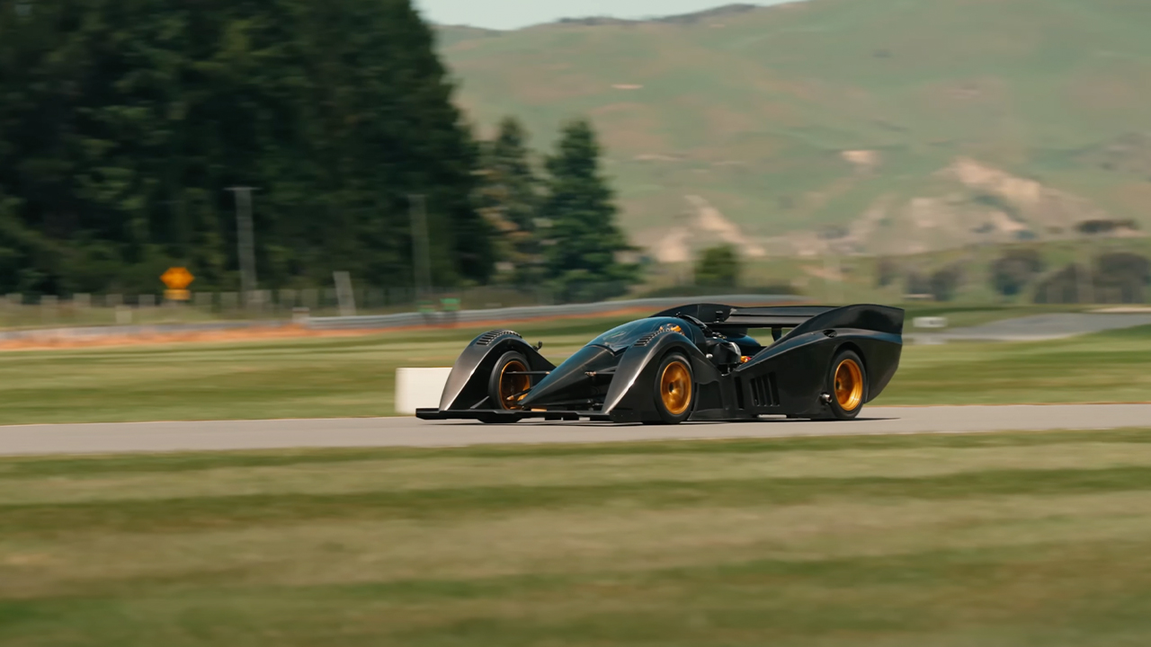 The Rodin FZERO during track testing, wide angle, front 3/4 view