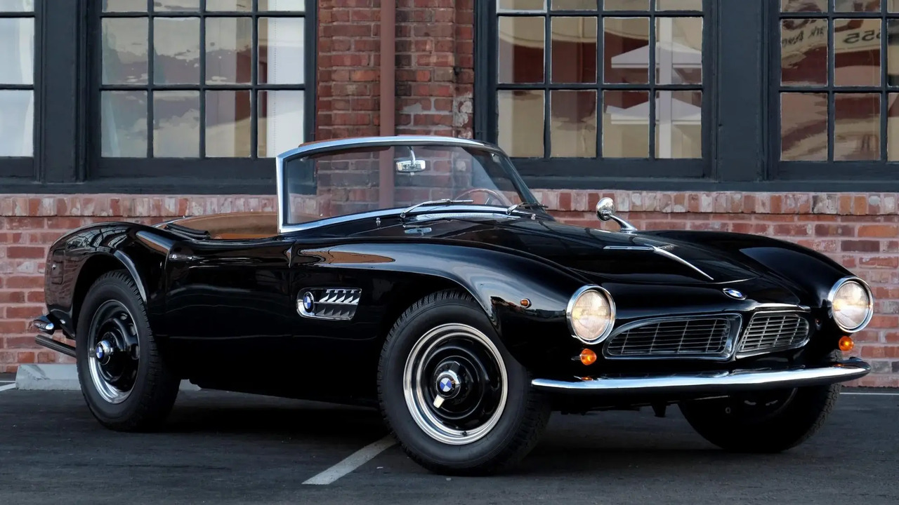 Black 1957 BMW 507 Roadster Parked Without Roof And Lights On Front 3/4 View