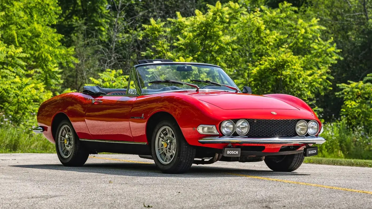 Red 1967 Fiat Dino Spider Parked With Roof Down Front 3/4 View