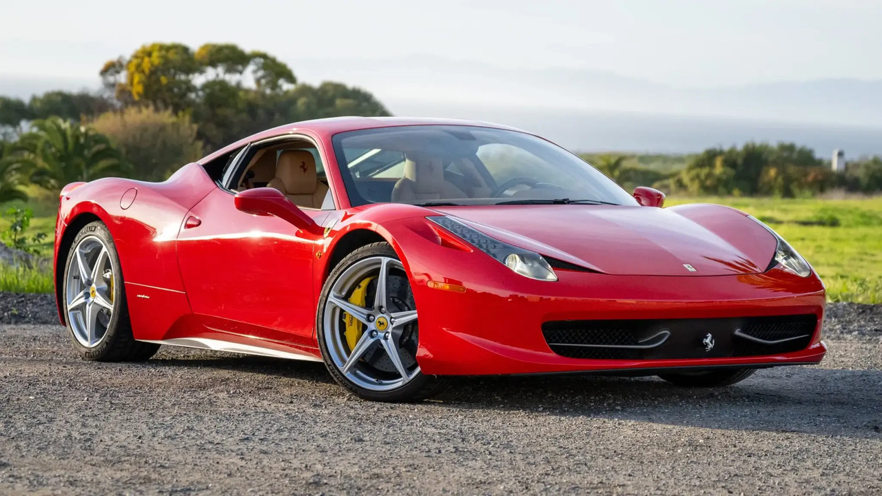 Red 2010 Ferrari 458 Italia Parked With Lights On Front 3/4 View