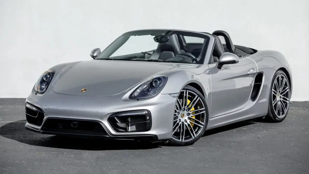 Silver 2016 Porsche 981 Boxster GTS Parked With Roof Down Front 3/4 View