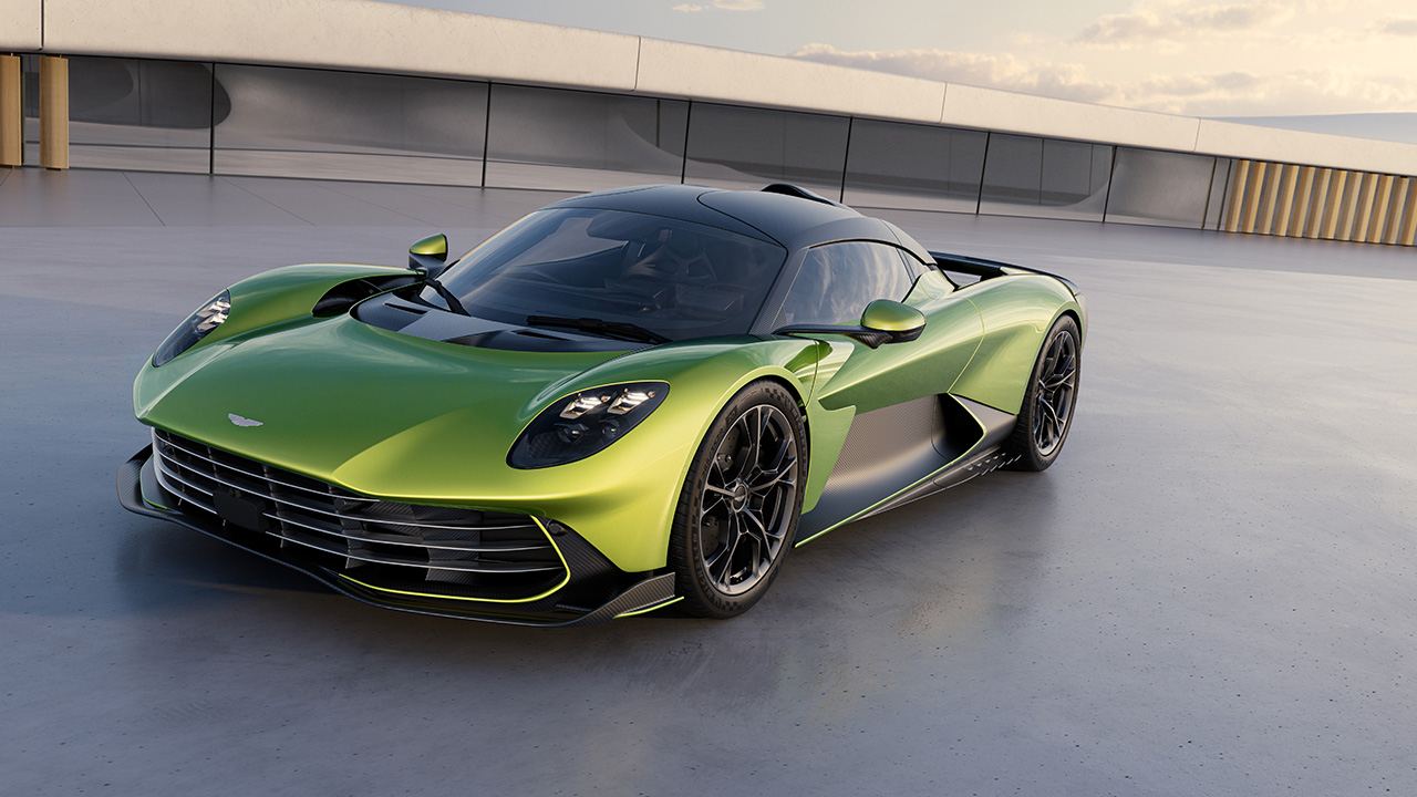 The new Aston Martin Valhalla in green, front 3/4 view