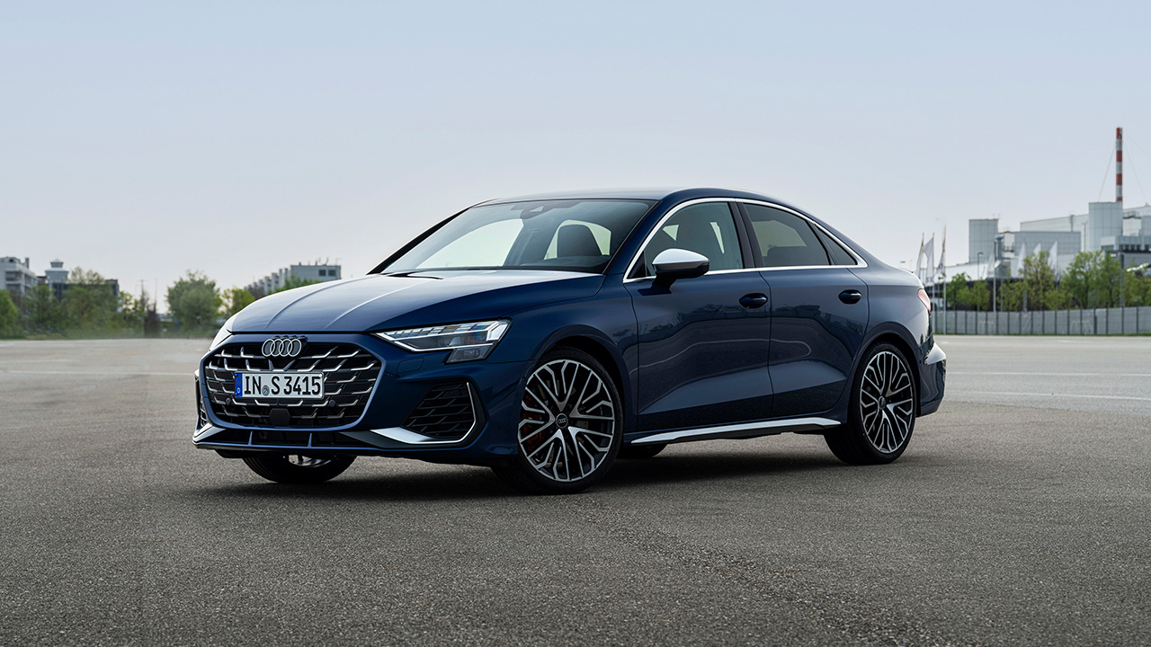 The facelift Audi S3 in dark blue, front 3/4 view