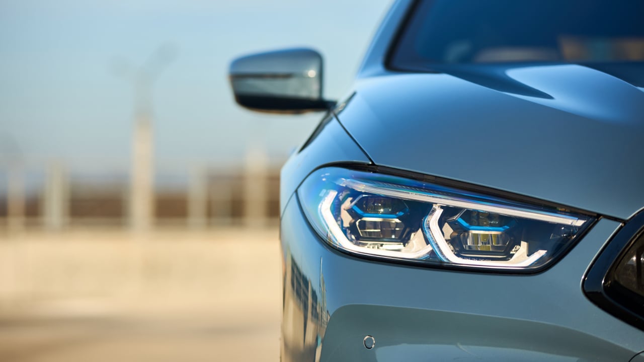 BMW 8 Series G16 Gran Coupe 840i xDrive M pack 2021. Front view selective focus detailing with front BMW laser LED headlight