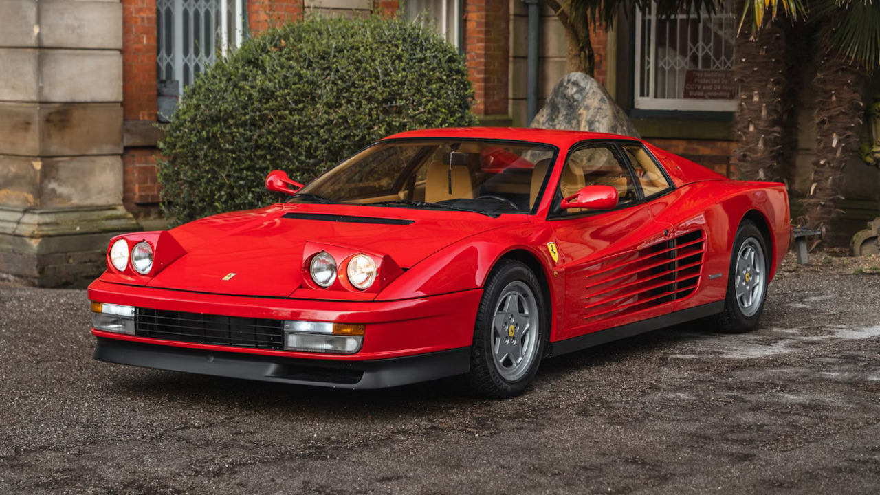 Red 1988 Ferrari Testarossa Parked With Lights On Front 3/4 View