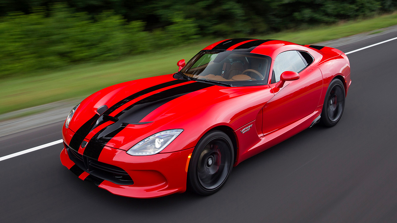 The final Dodge Viper, red with black stripes, front 3/4 view, higher angle