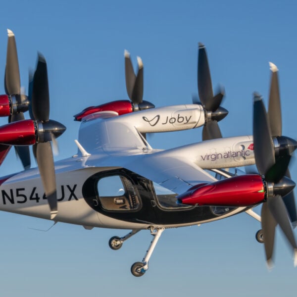 Joby’s all-electric air taxi in flight above the company’s flight test facility in Marina, California
