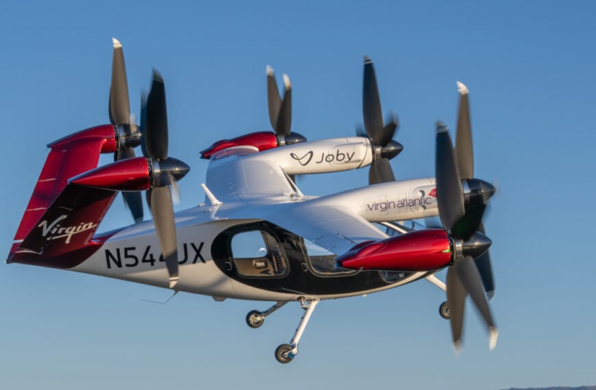 Joby’s all-electric air taxi in flight above the company’s flight test facility in Marina, California