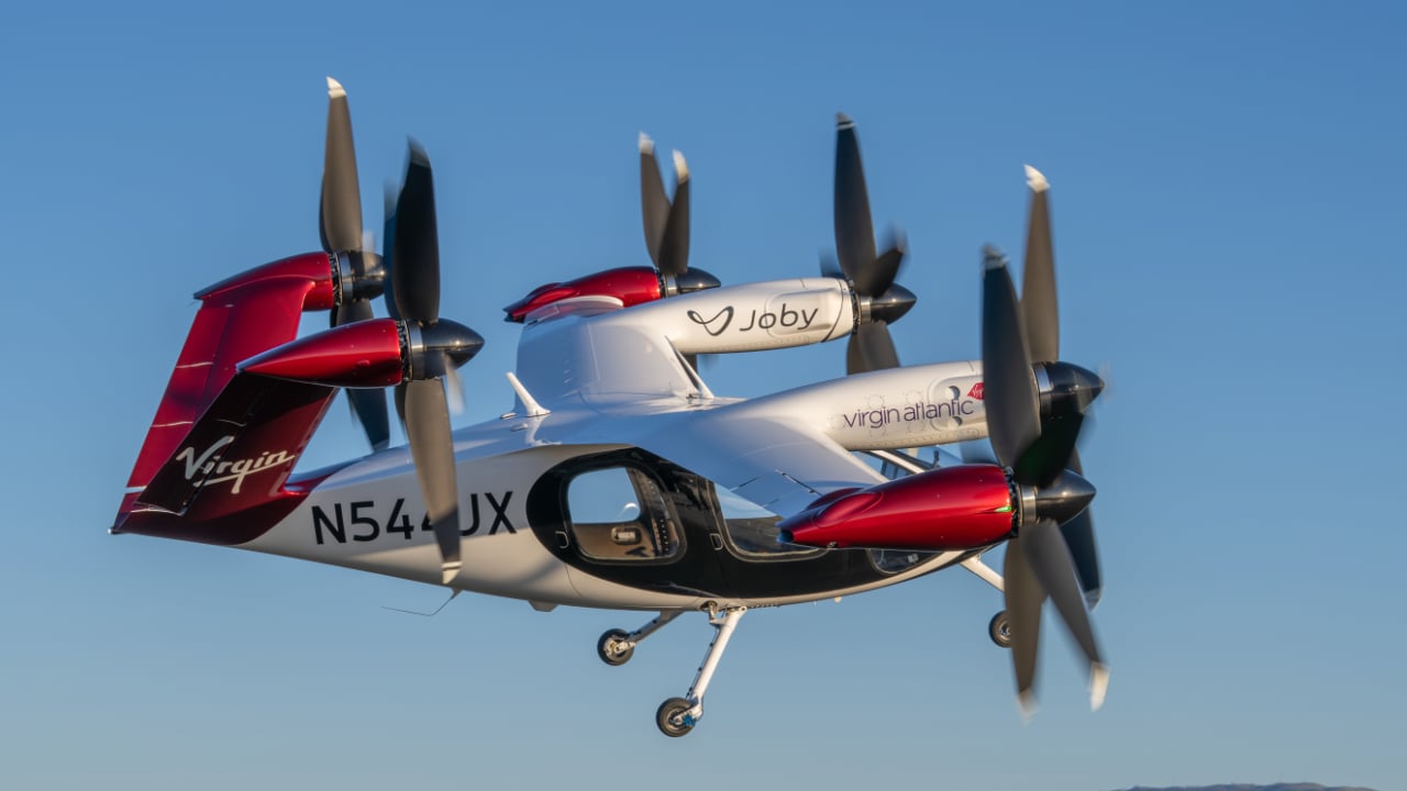 Joby’s all-electric air taxi in flight above the company’s flight test facility in Marina, California