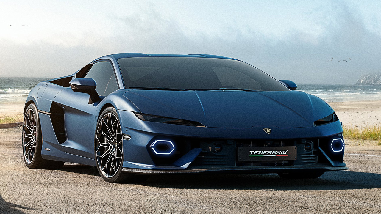 The new Lamborghini Temerario in matte dark blue, front 3/4 view