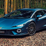 The Lamborghini Temerario in a forest setting, matte blue exterior, front 3/4 view