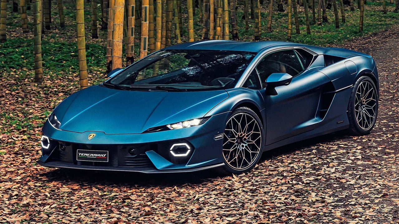 The Lamborghini Temerario in a forest setting, matte blue exterior, front 3/4 view