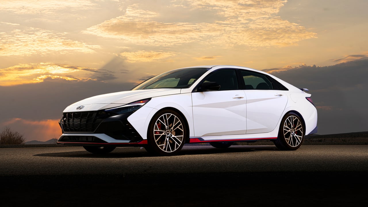 White 2021 Hyundai Elantra N Parked Front 3/4 View