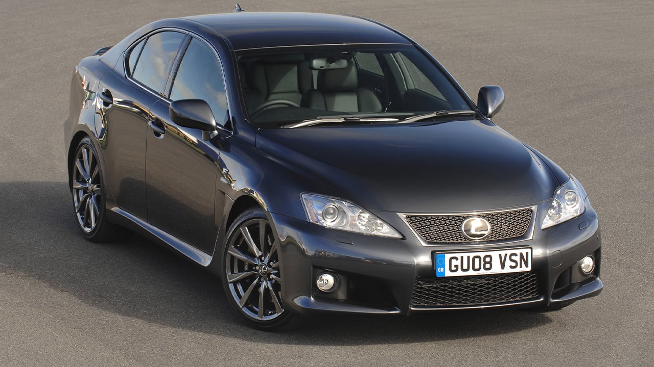 A Lexus IS F in dark gray, front 3/4 view