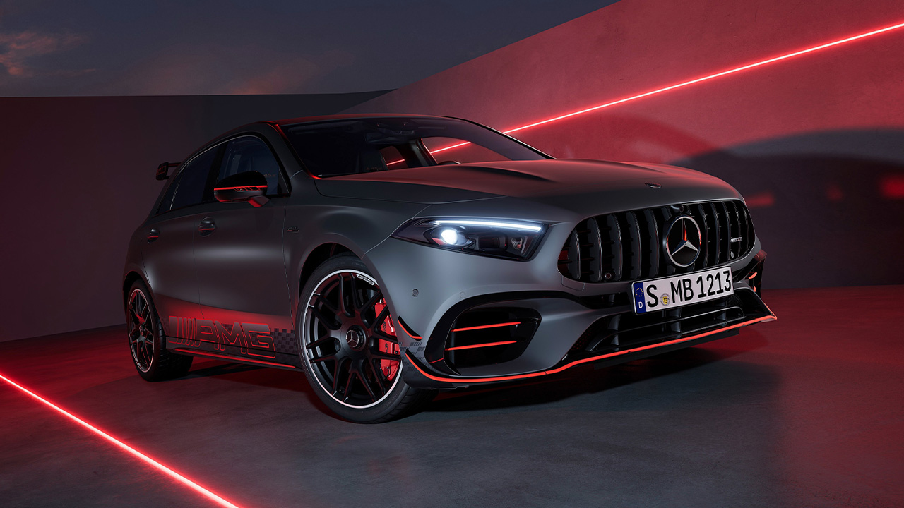 The facelifted Mercedes-AMG A45 S, front 3/4 view, long exposure light painting