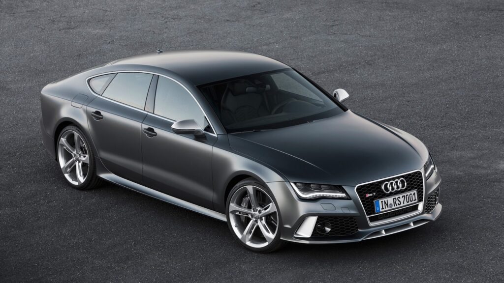 Gray 2014 Audi RS7 Sportback Parked Top-Front 3/4 View