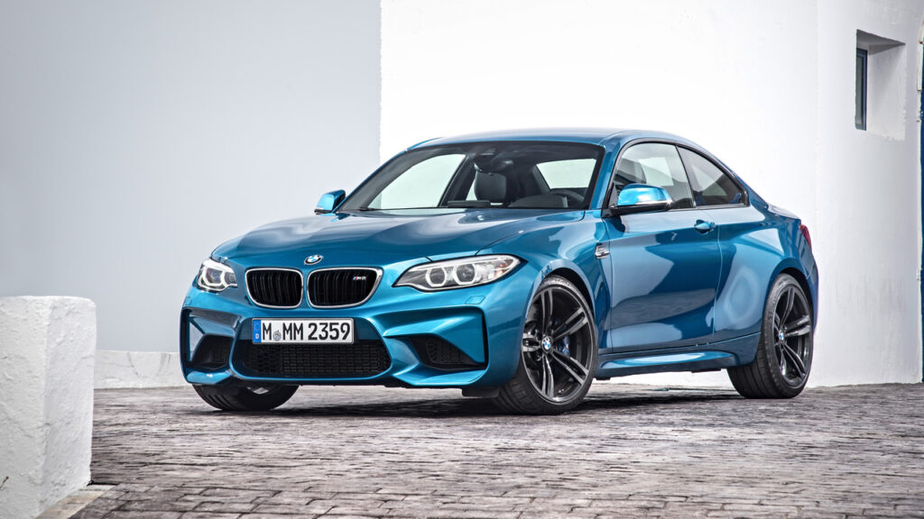 Blue 2018 BMW F87 M2 Parked Front 3/4 View