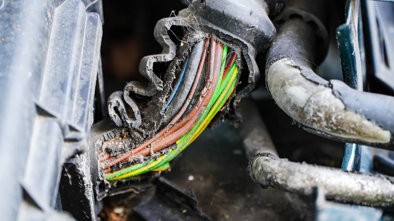 Damage on rubber of electricity wire in the car from rat bite 