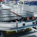 Generic EV Battery Pack on Electric Car Production Line inside Modern Factory. High Capacity Battery for Automotive Industry. Lithium-ion High-voltage Battery for Electric Vehicle or Hybrid Car.