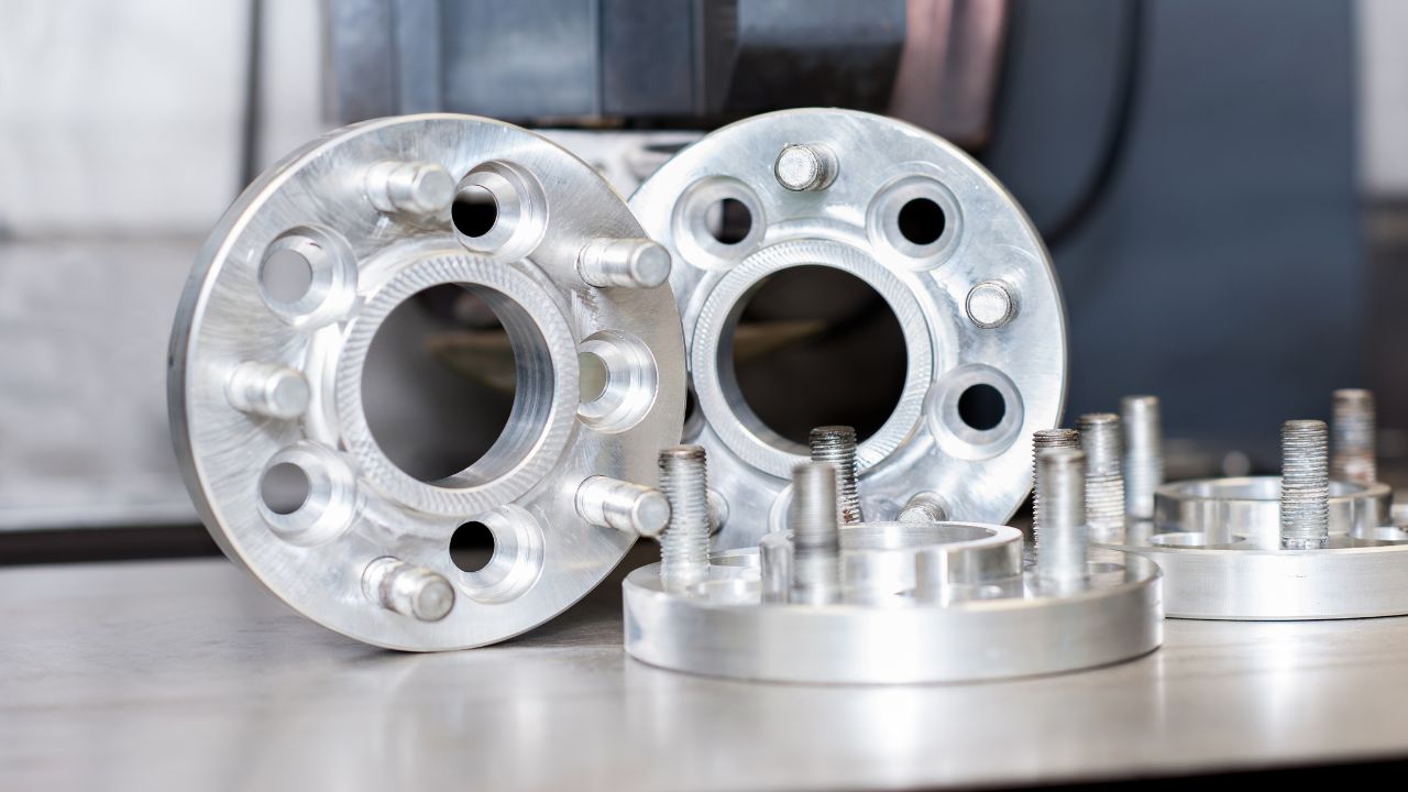 Set of new metal mold of wheel spacers and bolts.