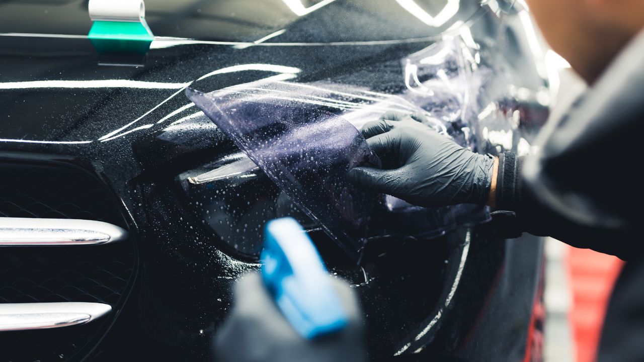 Darkening vehicle headlights with tint. Car detailing process done by professional unrecognizable specialist using spray bottle. High quality photo