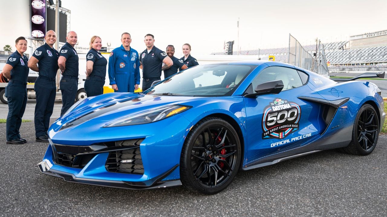 Astronauts with Corvette C8 Daytona 500 Pace Car