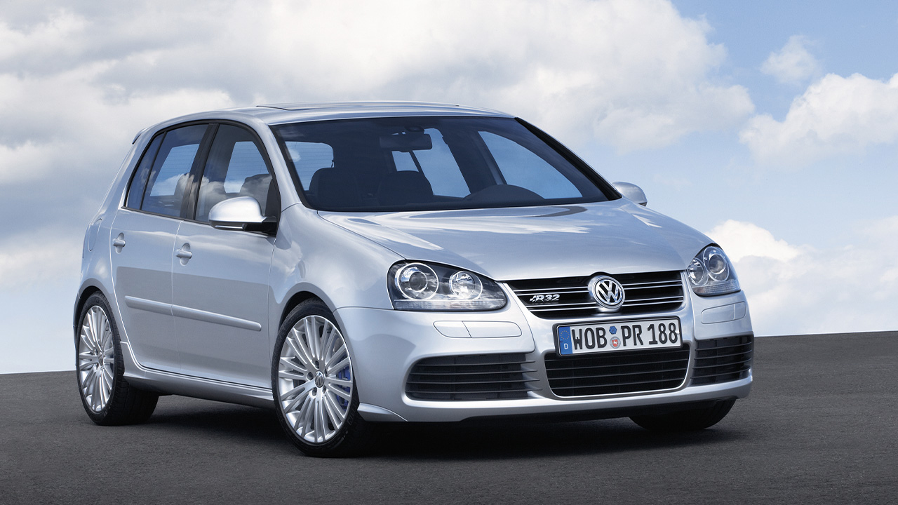 The Mk5 Volkswagen Golf R32 in silver, front 3/4 view