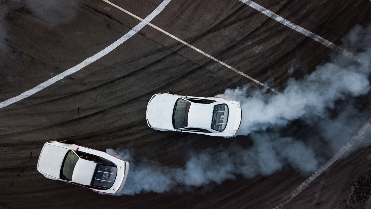 aerial view of cars drifting
