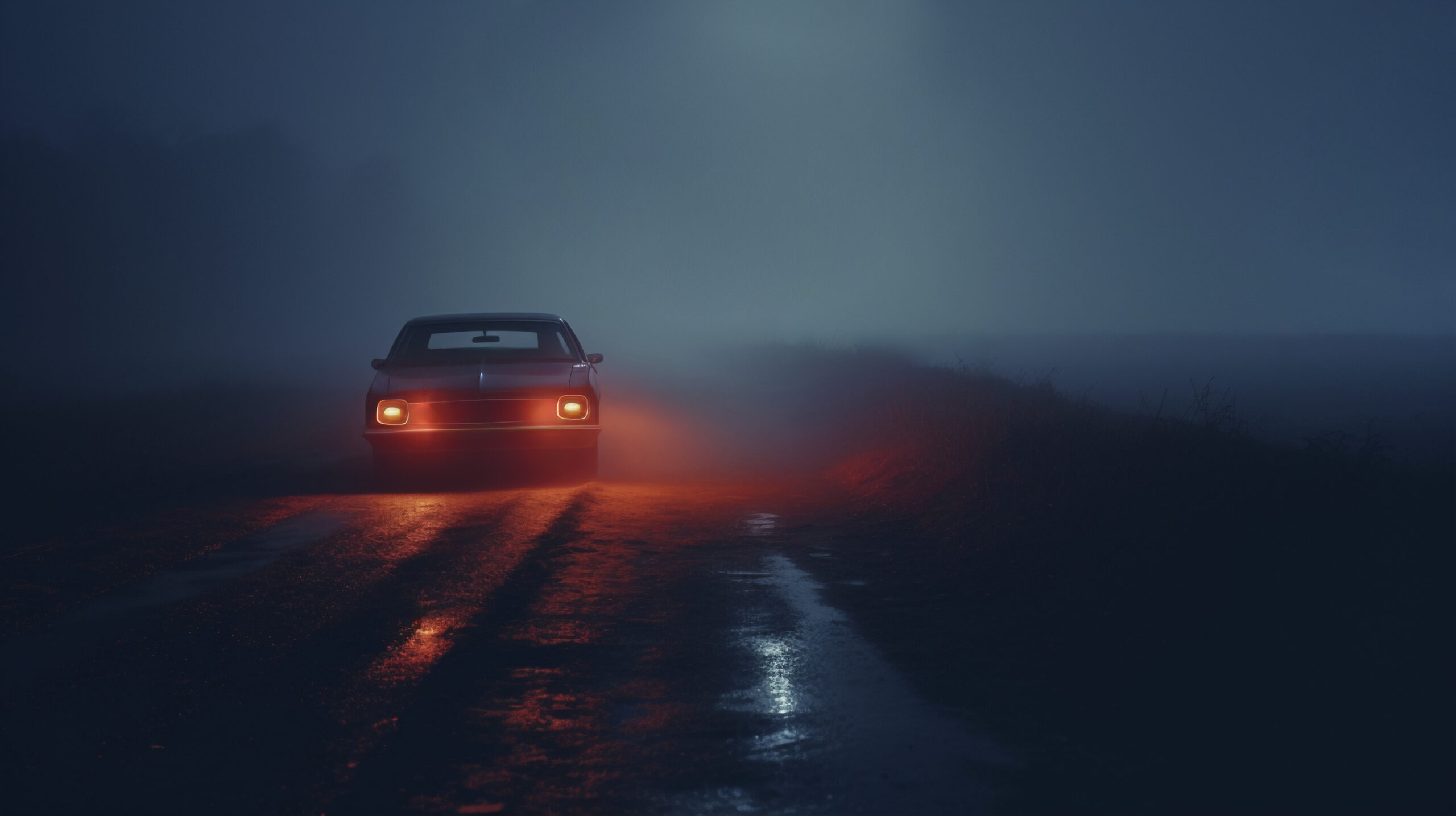 Car driving at night in fog