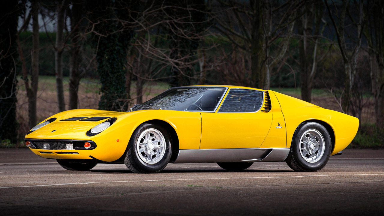 Yellow 1969 Lamborghini Miura P400 S Parked Front 3/4 View