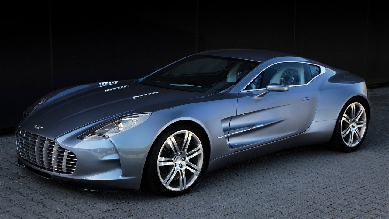 Silver 2010 Aston Martin One -77 Parked Front 3/4 View