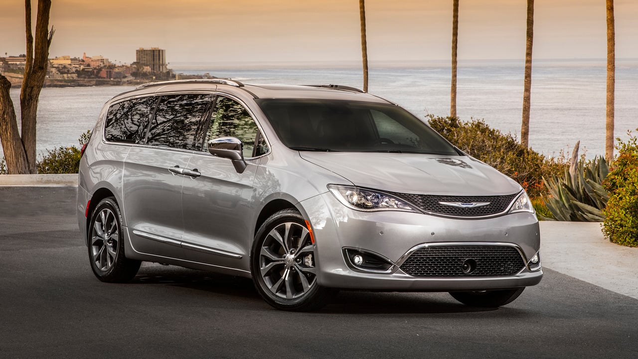 Silver 2017 Chrysler Pacifica Minivan Parked Front 3/4 View