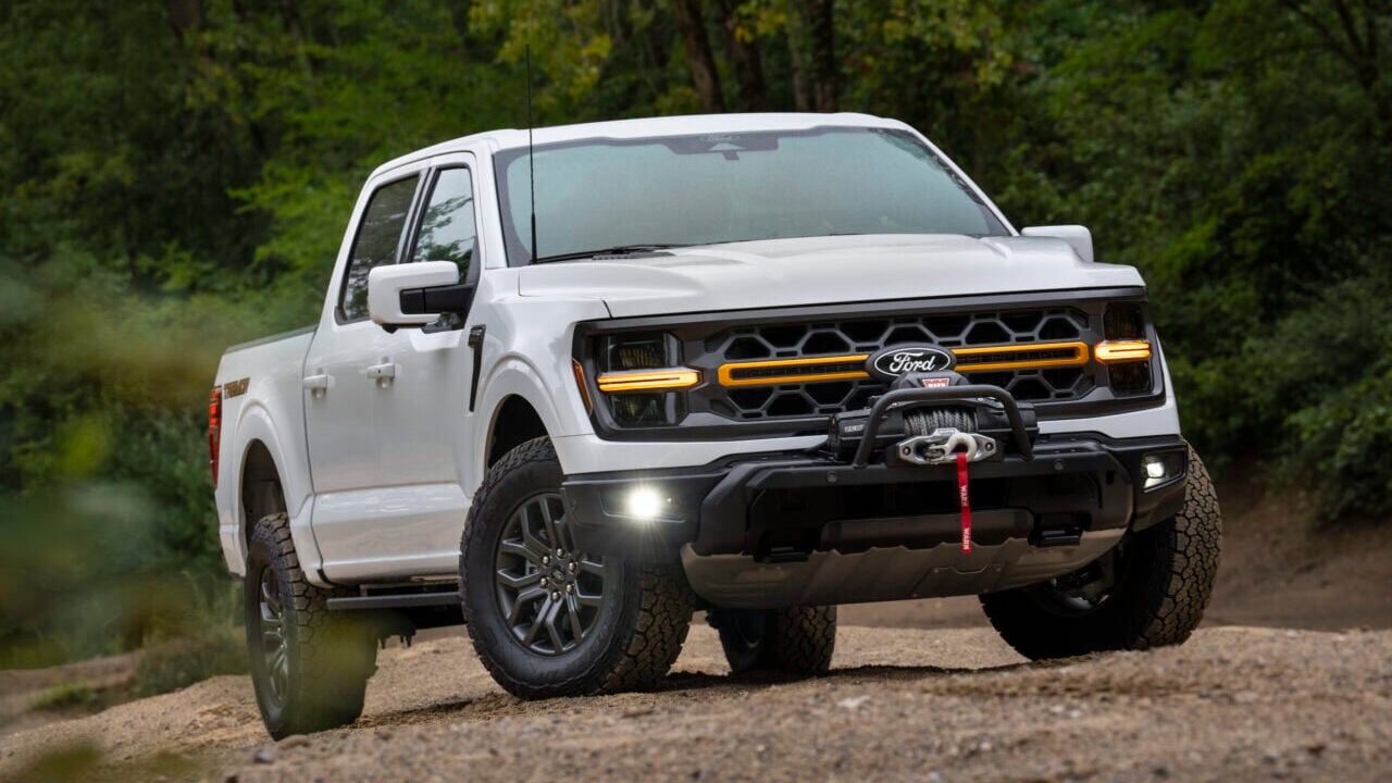 2024 Ford F-150 preproduction model shown with Ford accessories and optional equipment. Available Spring 2024. Actual production vehicle may vary. Professional driver on closed course. Always consult the Owner’s Manual before off-road driving, know your terrain and trail difficult, and use appropriate safety gear.