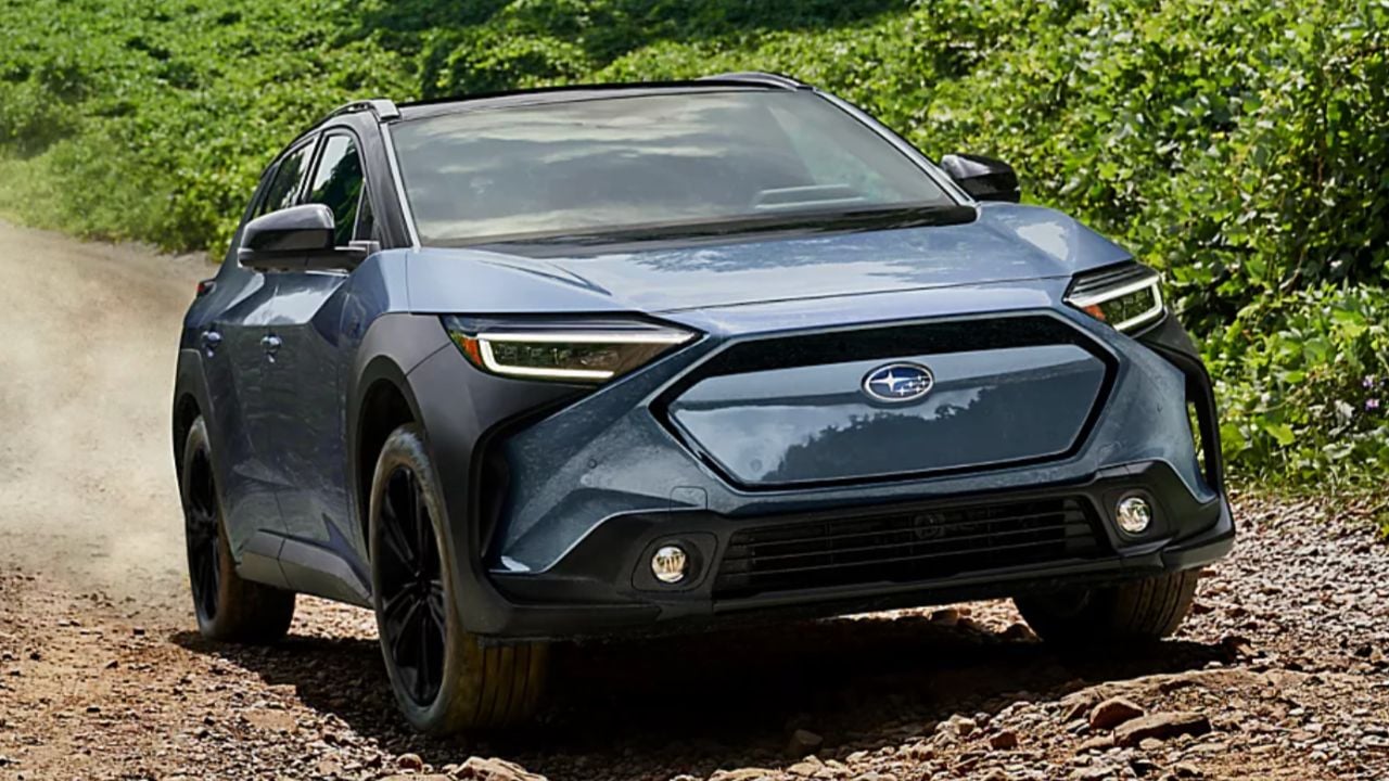 2025 Subaru Solterra EV in the forest during the daytime.