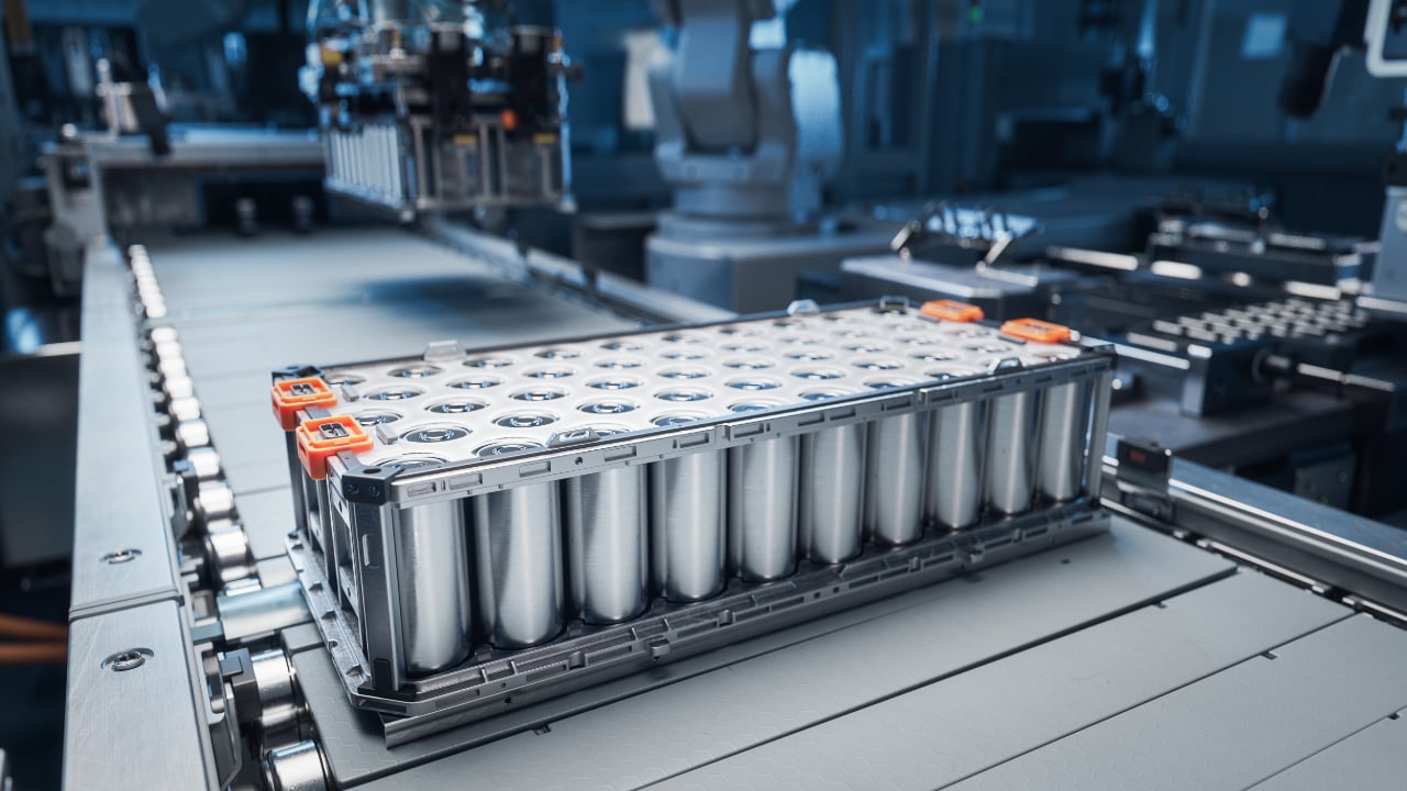 Close-up of Lithium-ion High-voltage Battery Component for Electric Vehicle or Hybrid Car