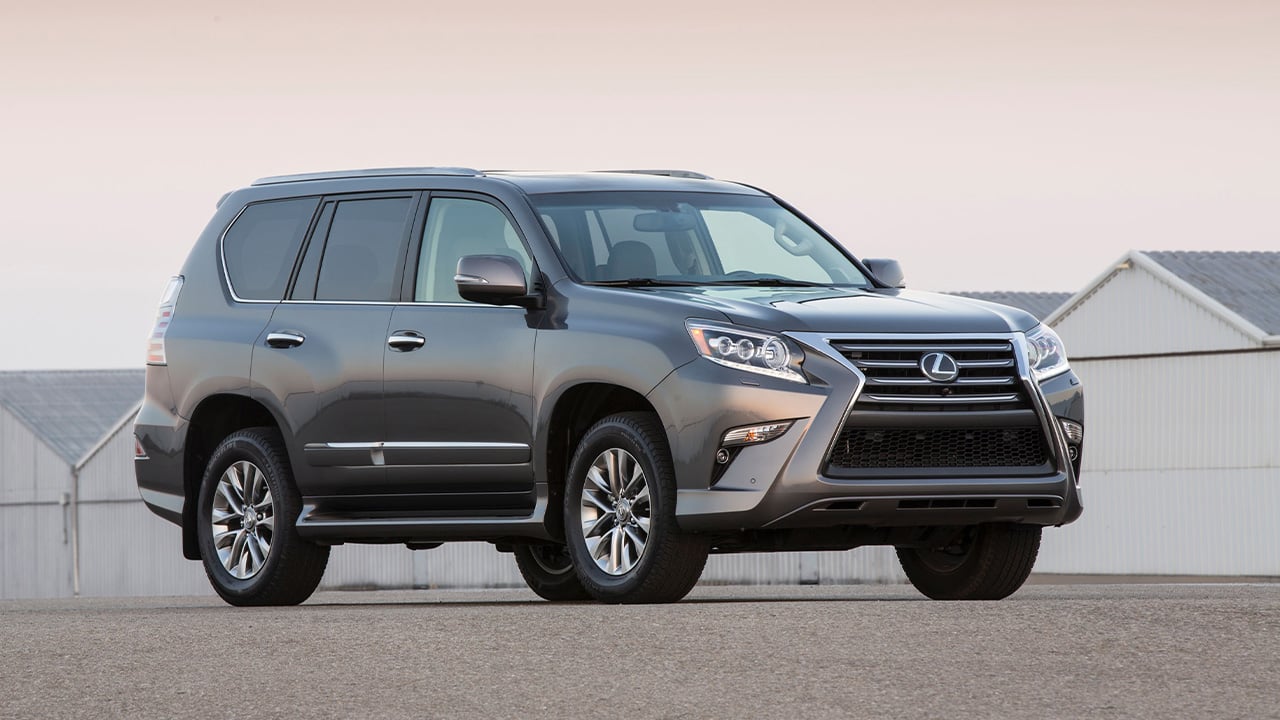 A second generation Lexus GX in gray, front 3/4 view