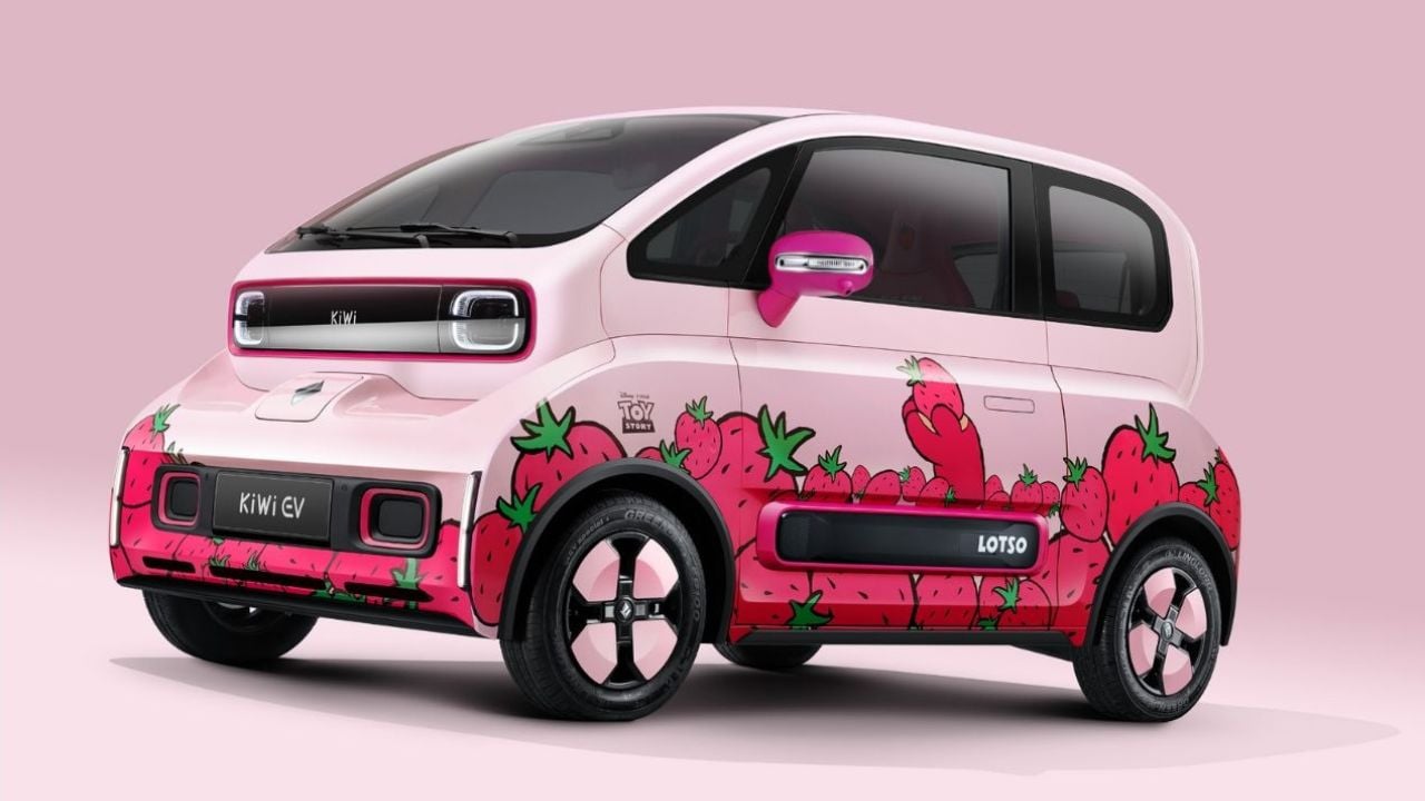 A pink SGMW Baojun Kiwi EV on a pink background.