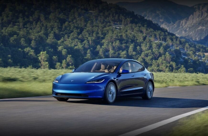 Blue 2025 Tesla Model 3 in the forest in the daytime.
