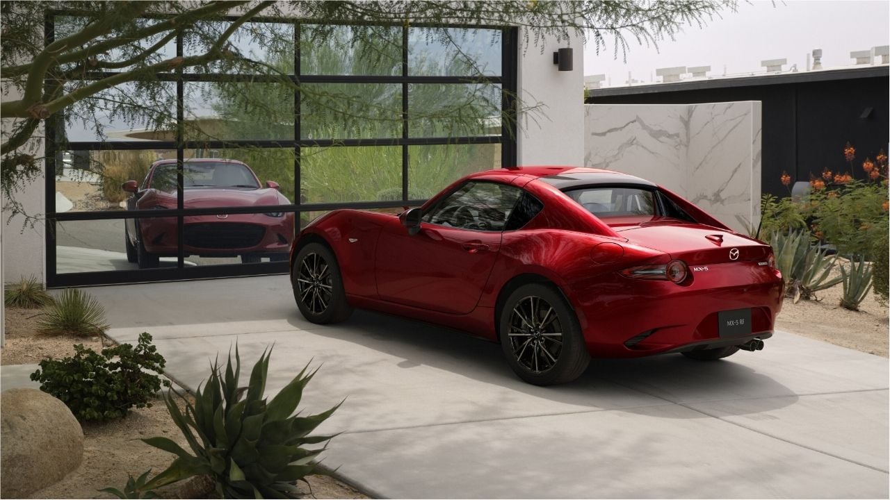 Red 2024 Mazda MX-5 RF Parked Rear 3/4 View