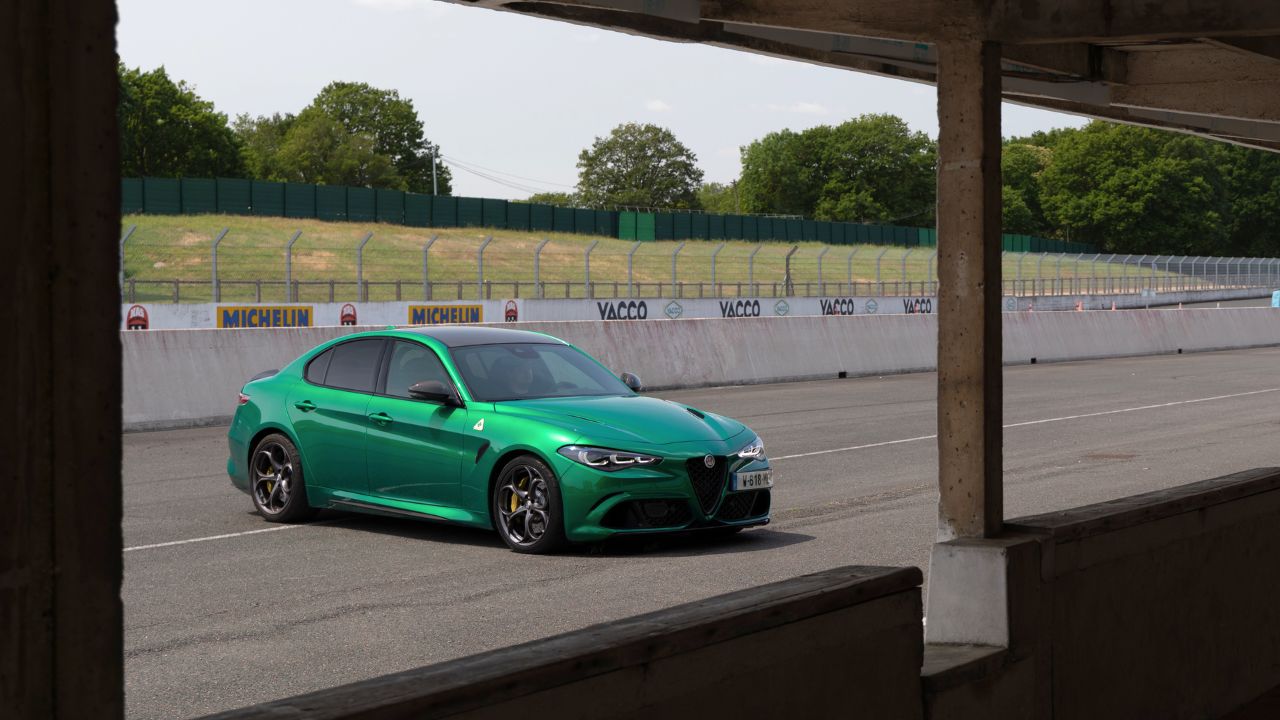 2024 Alfa Romeo Giulia Quadrifoglio Parked On Track Front 3/4 View
