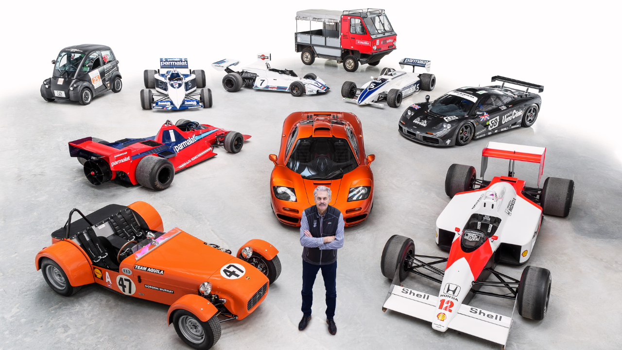 Professor Gordon Murray surrounded by some of his designs